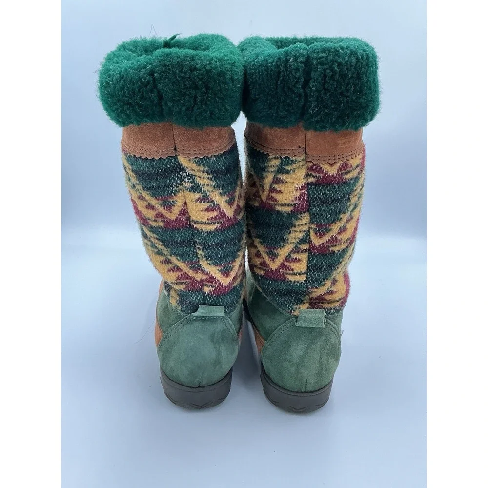 Vintage Cougar Apres Ski Boots Made In Canada Size 6 Medium Green Maroon & Tan